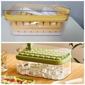 Pop Ice Cube Tray with Lid Bin and Scoop Square Ice Cubes Molds with storage box